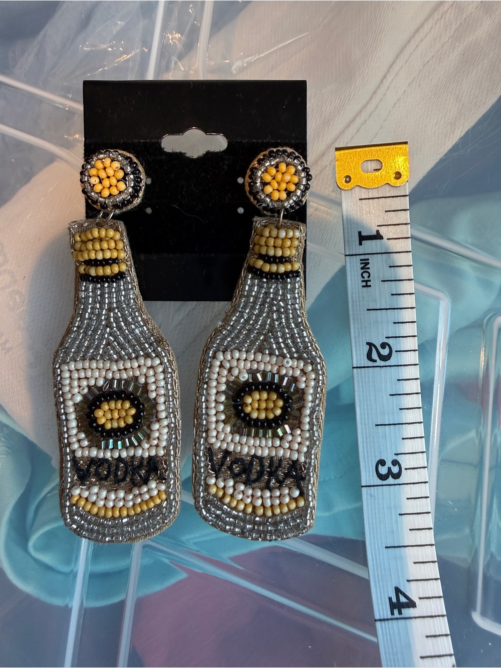 Beaded Vodka Bottle Yellow & Silver Bottle Drop Earrings - Bachelorette Party